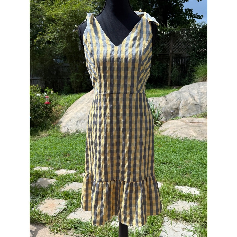 Gilli Yellow Grey Gingham Tie Shoulder Ruffle Midi Dress Womens Medium